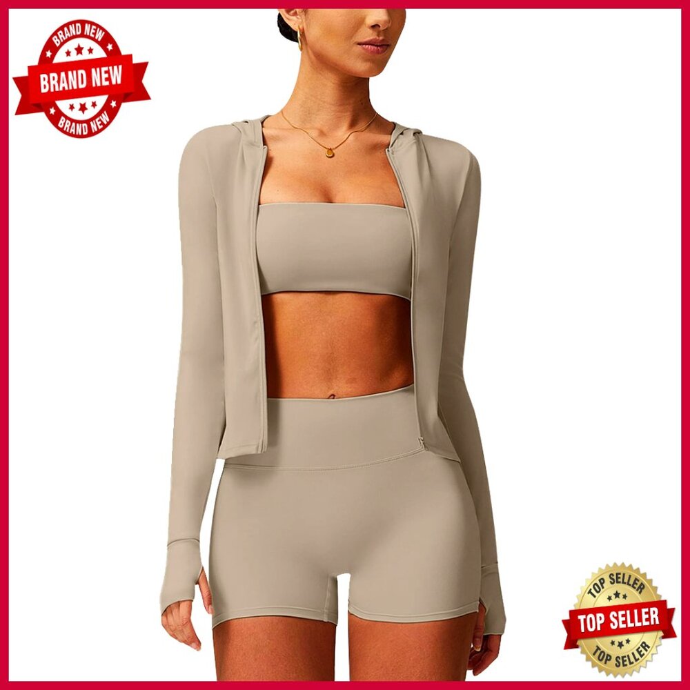 3-Piece Workout Set High Waisted Seamless Shorts Long Sleeve Jacket Sports Bra